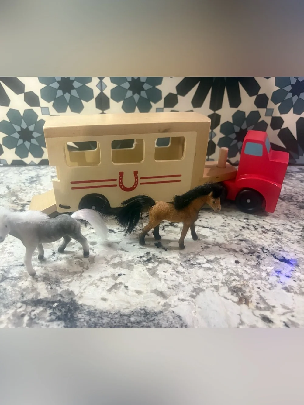 Melissa & Doug Red and Natural Wooden Horse Trailer Toy